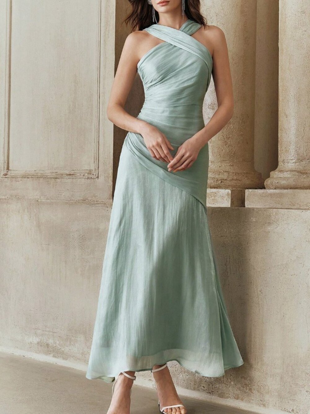 Baby Blue Elegant Women's Pleated Cross V-Neck A-Line Dress - Picture 4 of 7